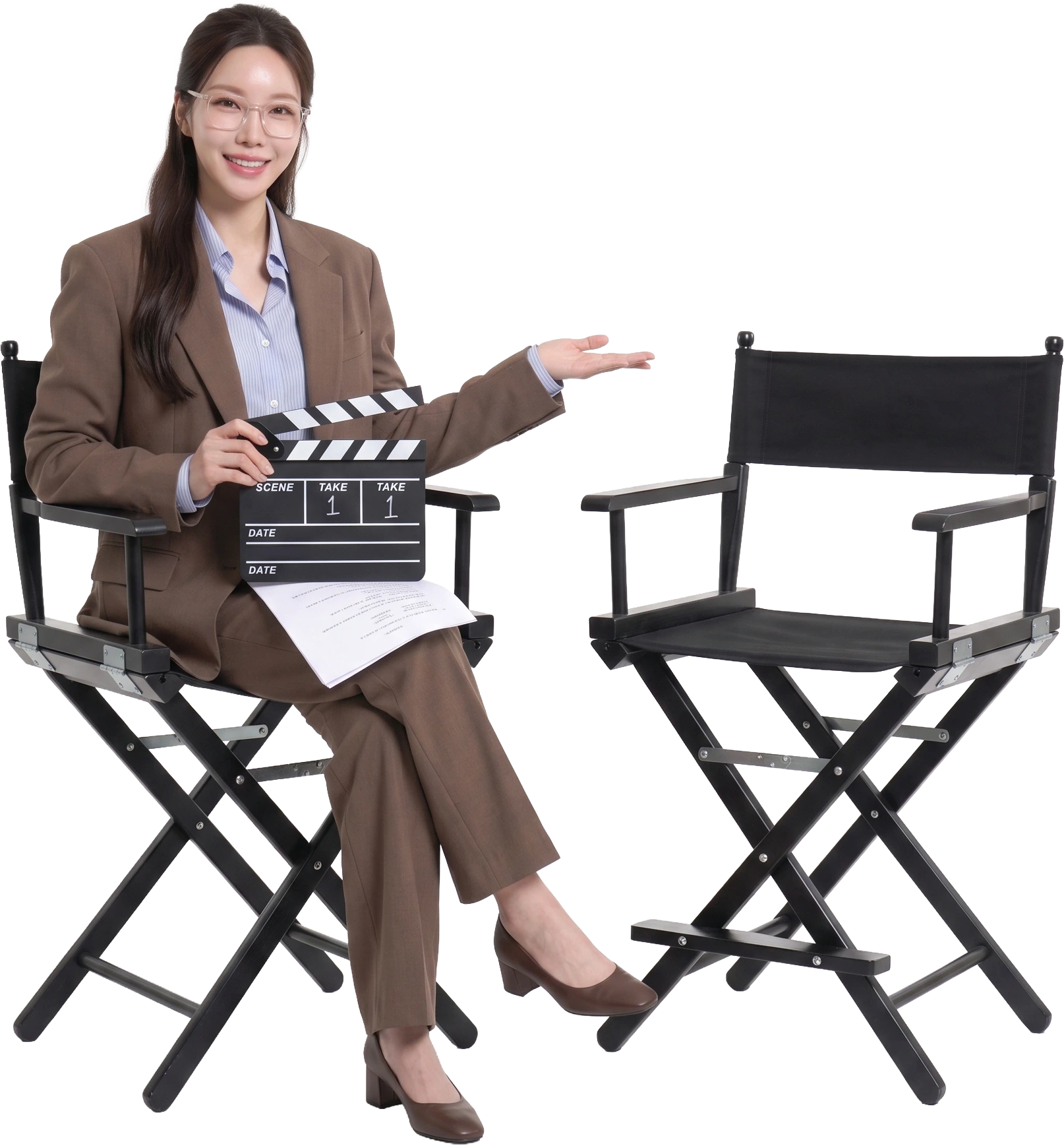 Dira duduk di kursi director sambil memegang clapperboard
